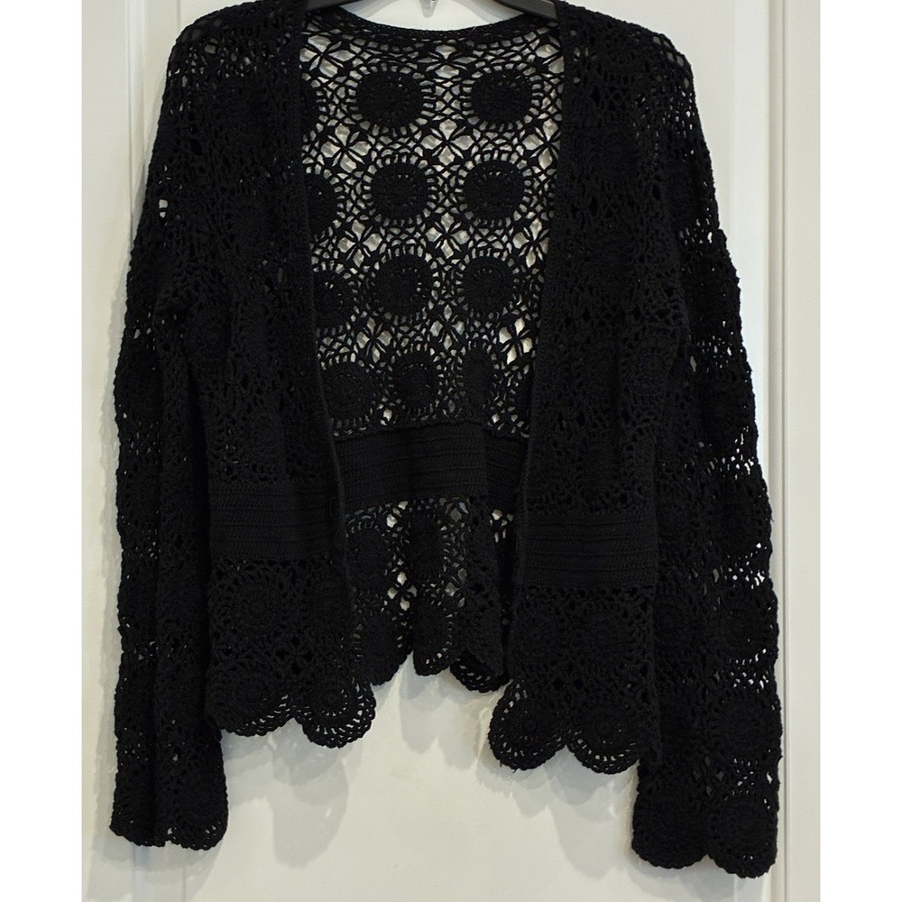Black Crochet Cardigan Open Front Boho Festival Size M Long Sleeve Coquette